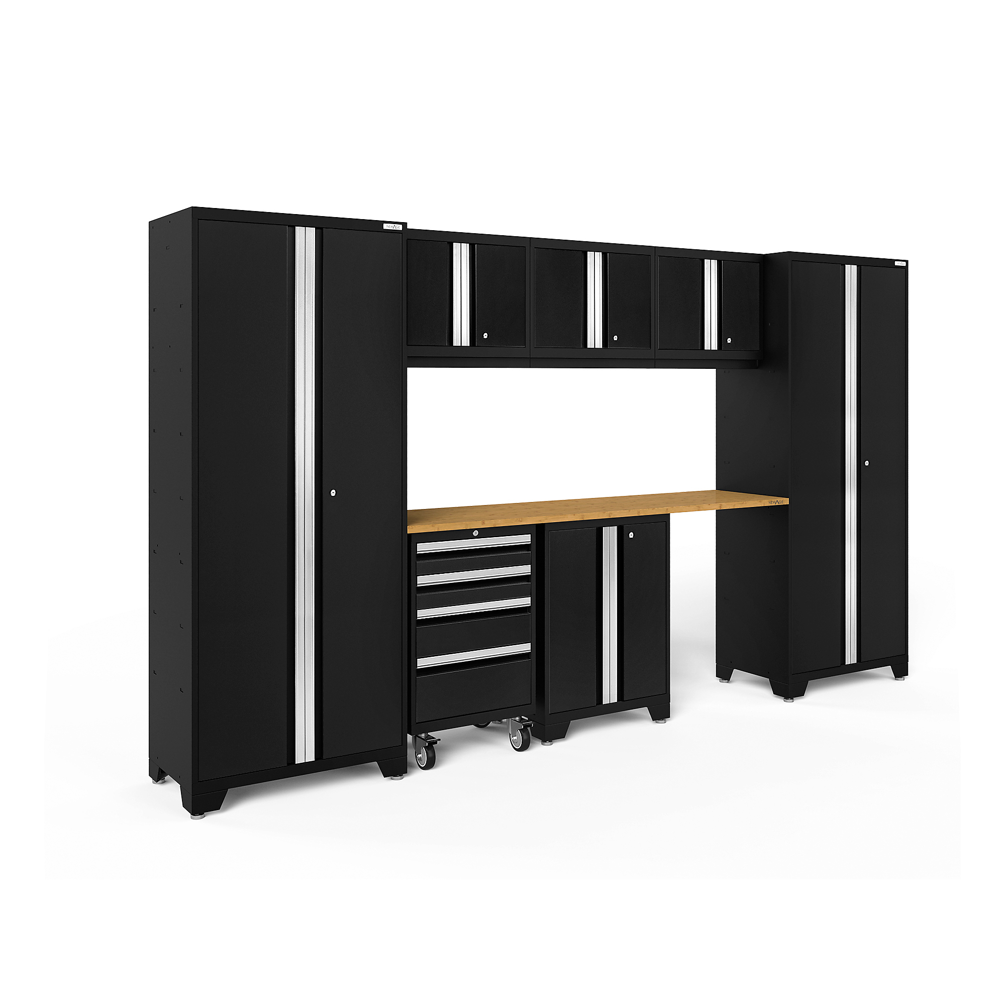 NewAge Products, Bold Series Black 8-Pc. Steel Garage Cabinet Set, Width 132 in, Height 76.75 in, Depth 18 in, Model# 63106